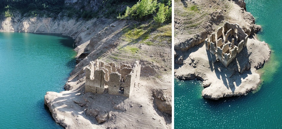 Le immagini con il drone della vecchia dogana riemersa dal lago di Valvestino